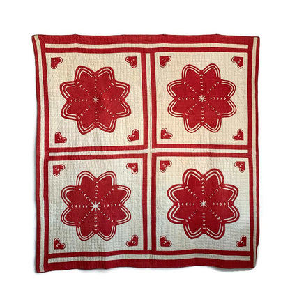 Antique Red and White Heart Flower Quilt