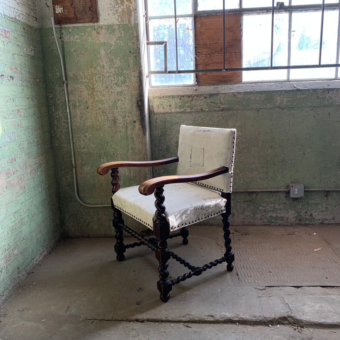 19th Century Barley Twist Armchair in 1940s Military Duffle