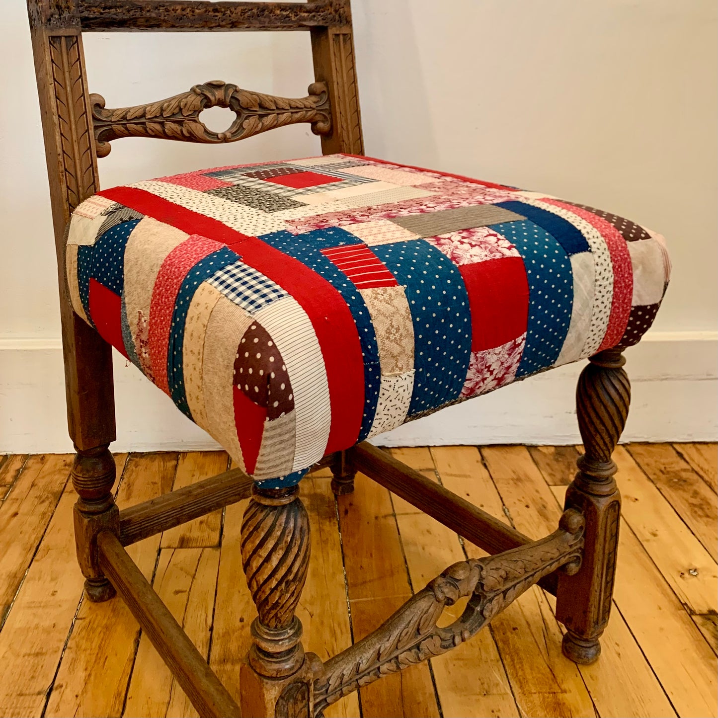 19th Century Carved Wood Chair in Antique Quilt Fragment and Overshot