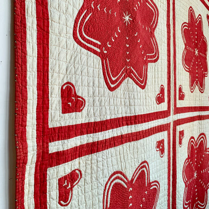 Antique Red and White Heart Flower Quilt