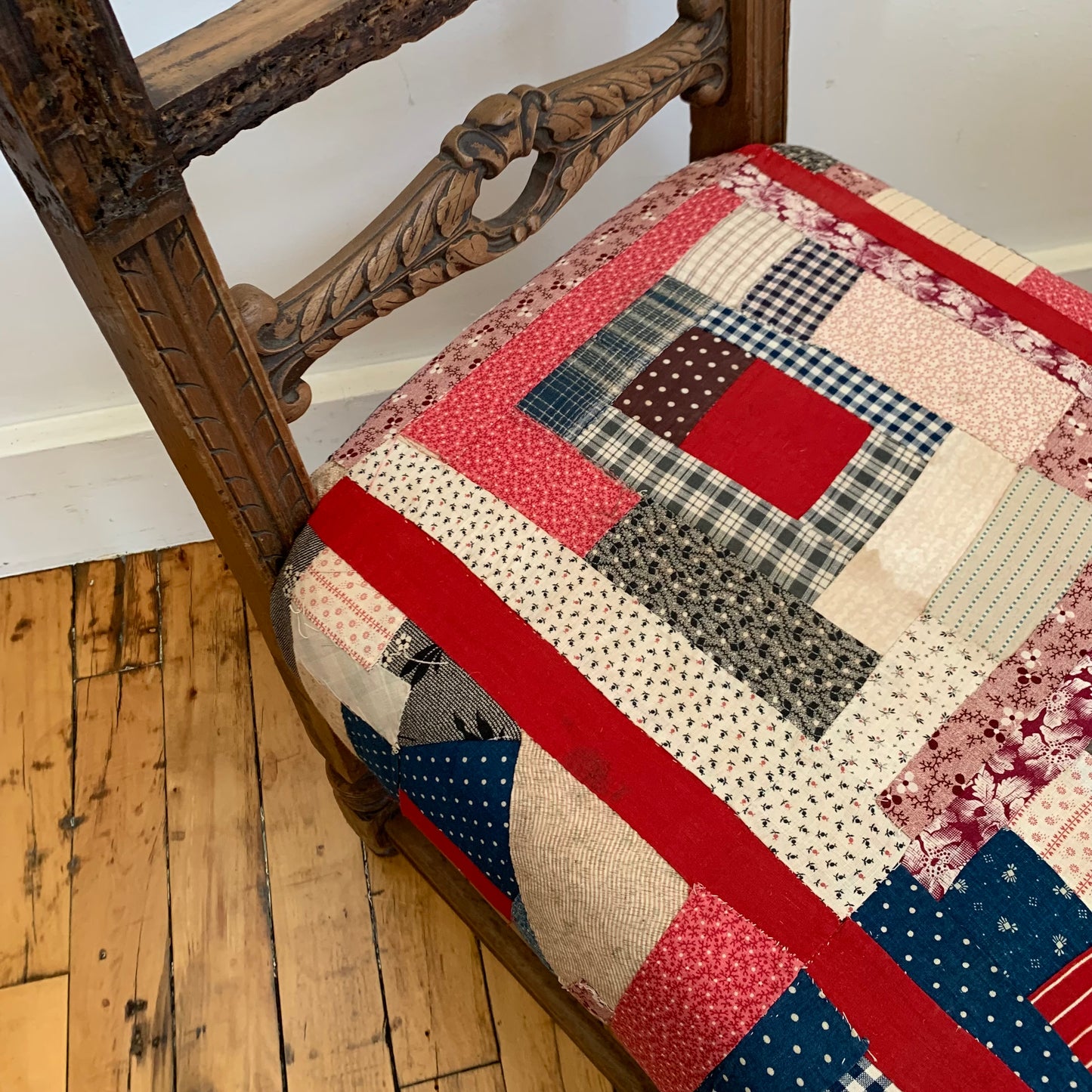 19th Century Carved Wood Chair in Antique Quilt Fragment and Overshot