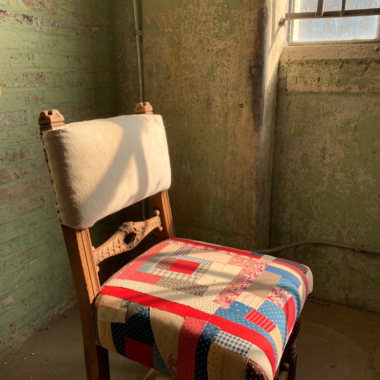 19th Century Carved Wood Chair in Antique Quilt Fragment and Overshot