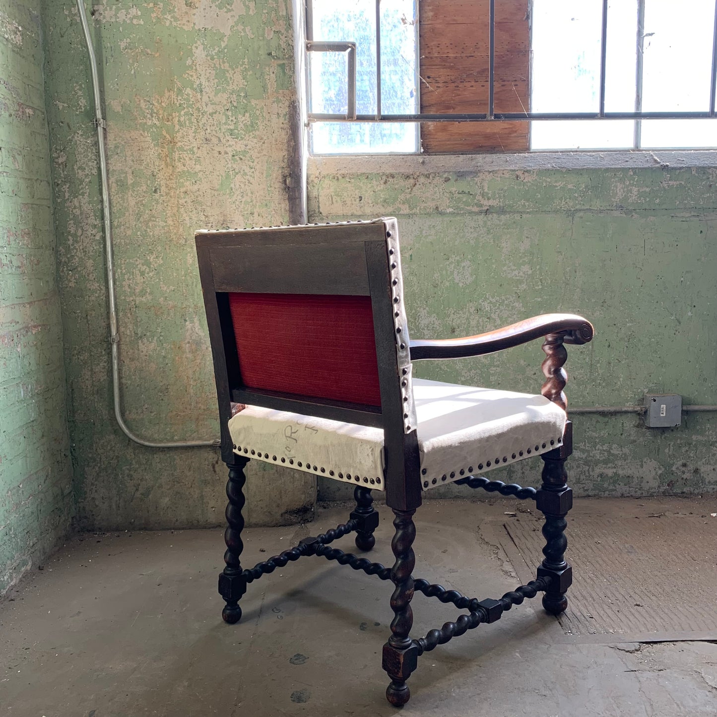 19th Century Barley Twist Armchair in 1940s Military Duffle