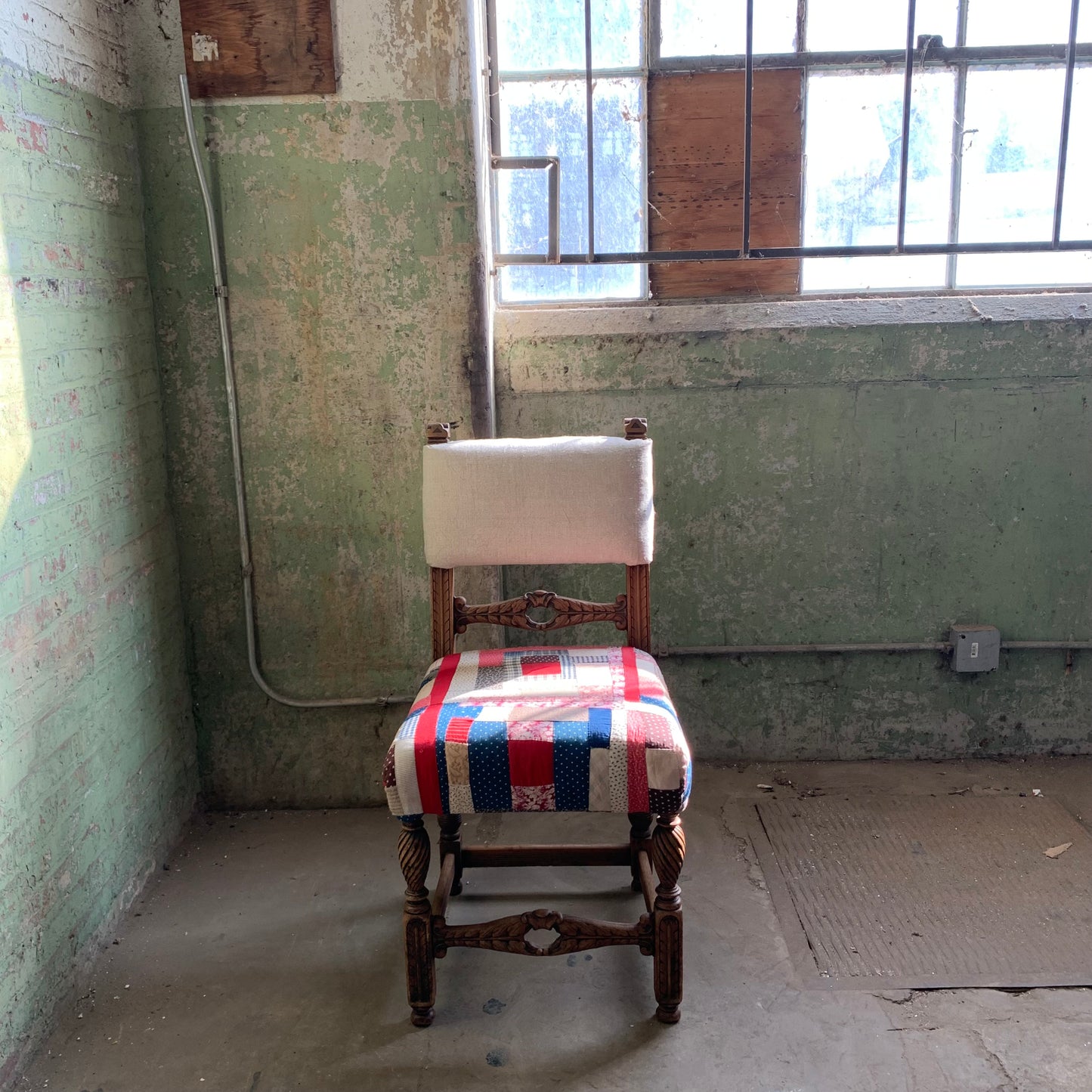 19th Century Carved Wood Chair in Antique Quilt Fragment and Overshot