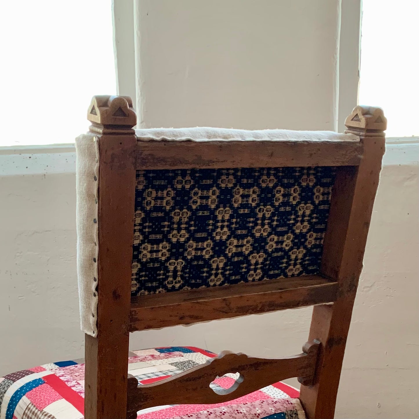 19th Century Carved Wood Chair in Antique Quilt Fragment and Overshot