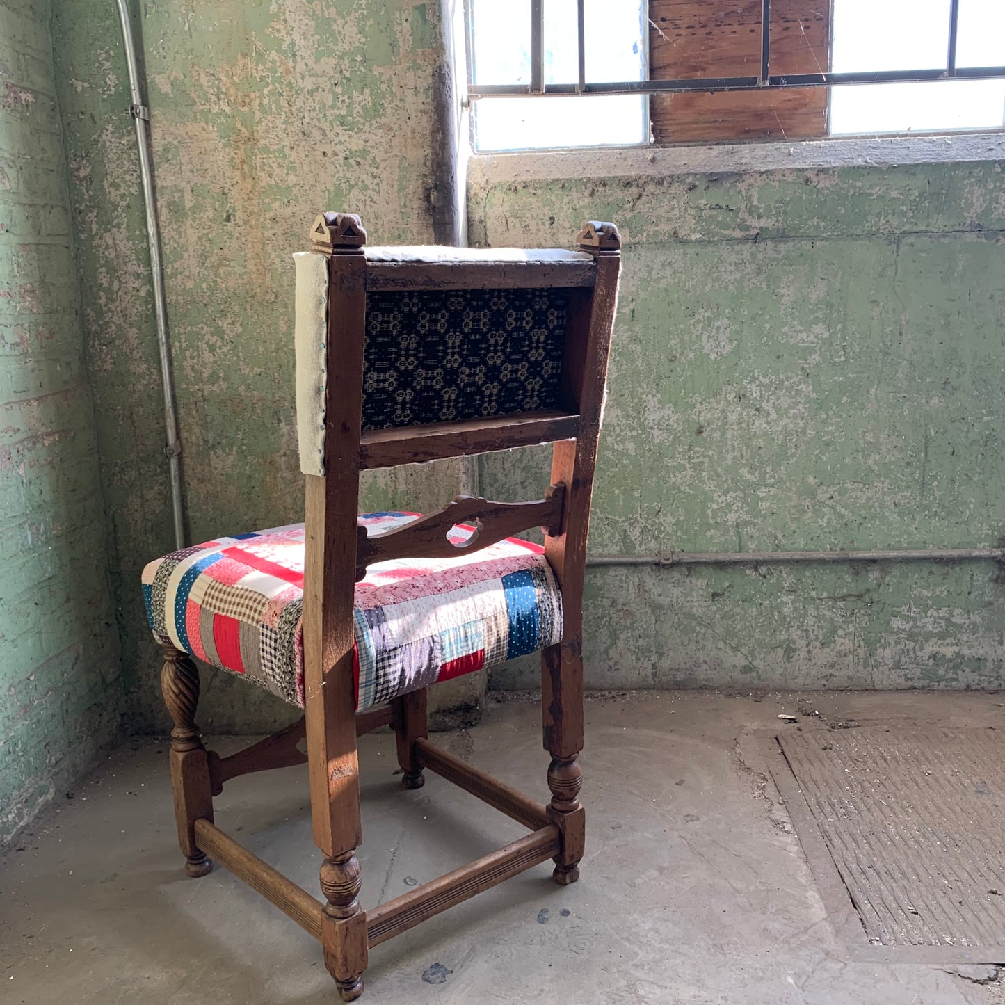 19th Century Carved Wood Chair in Antique Quilt Fragment and Overshot