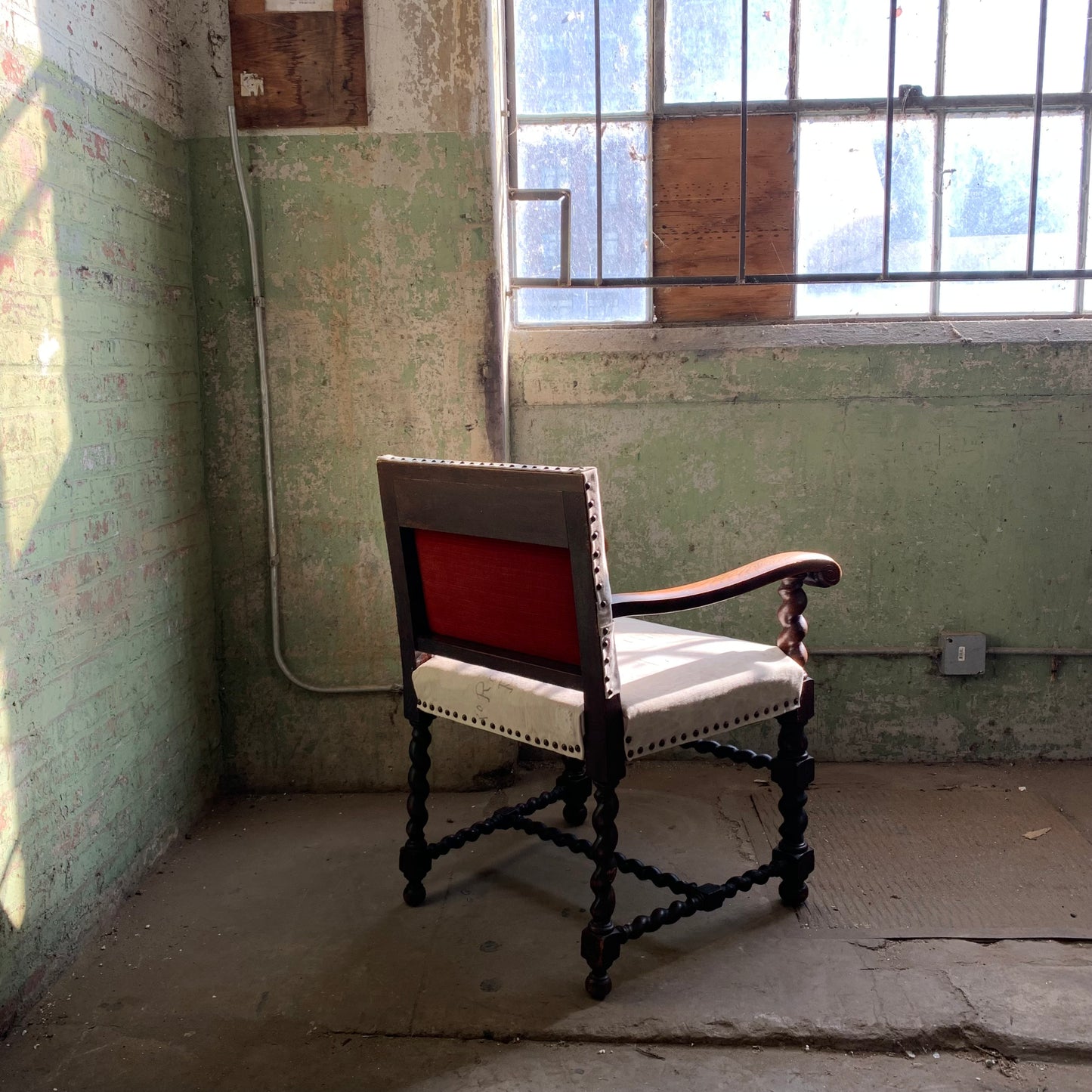 19th Century Barley Twist Armchair in 1940s Military Duffle