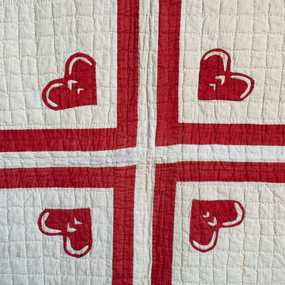 Antique Red and White Heart Flower Quilt