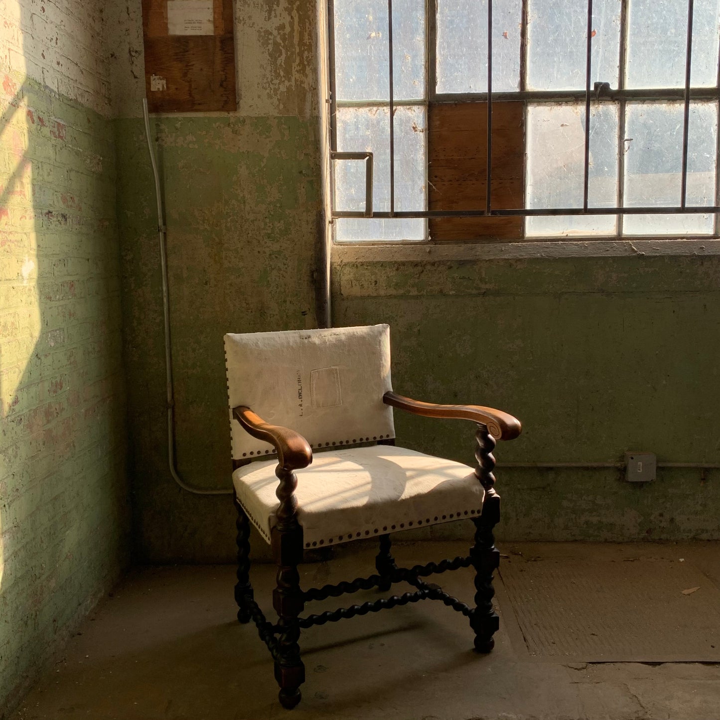 19th Century Barley Twist Armchair in 1940s Military Duffle