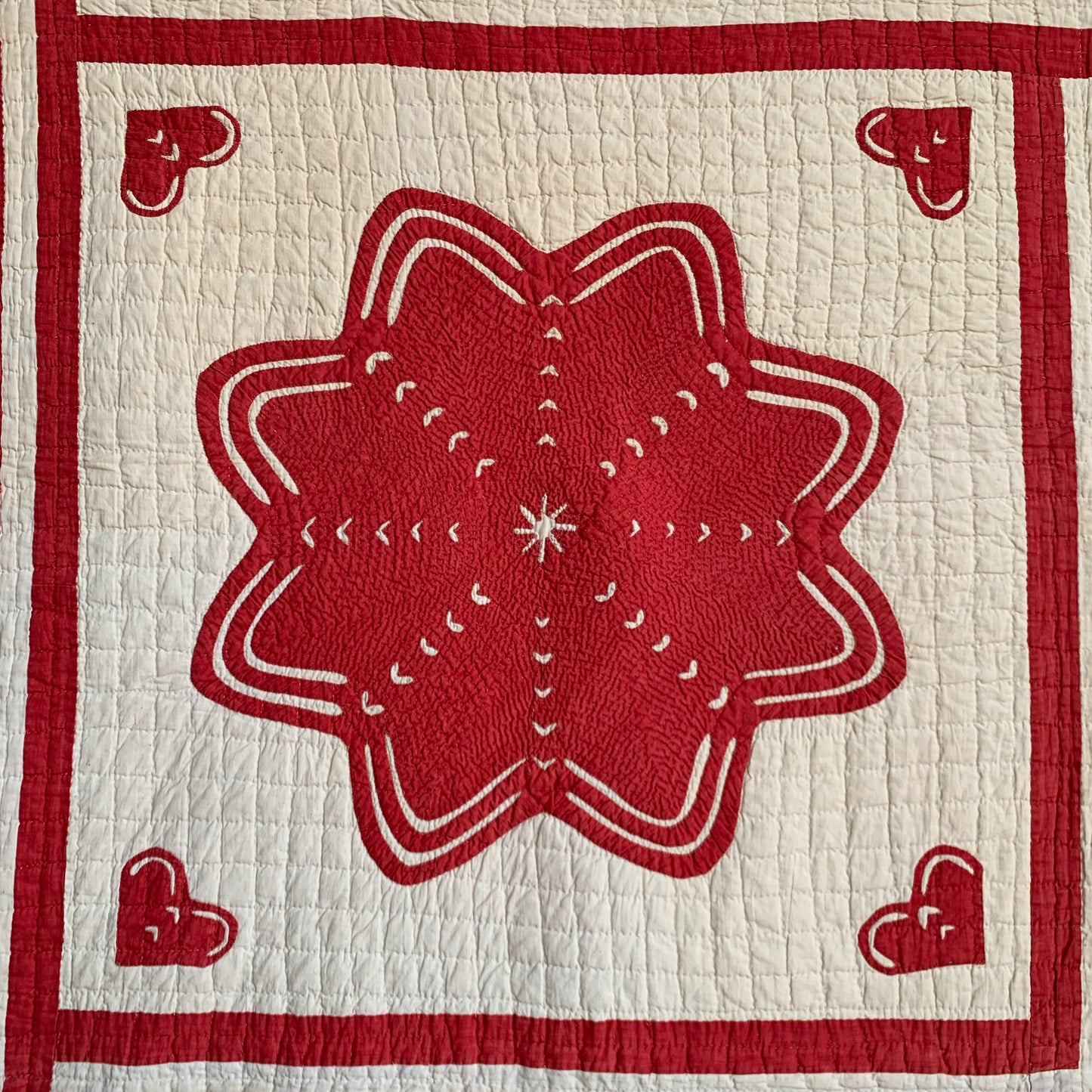 Antique Red and White Heart Flower Quilt