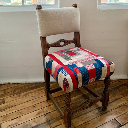 19th Century Carved Wood Chair in Antique Quilt Fragment and Overshot